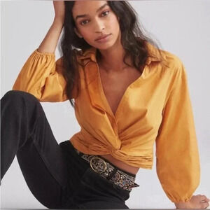 NWT Anthropologie “Sunday in Brooklyn” twist cropped blouse in color “Golden”.